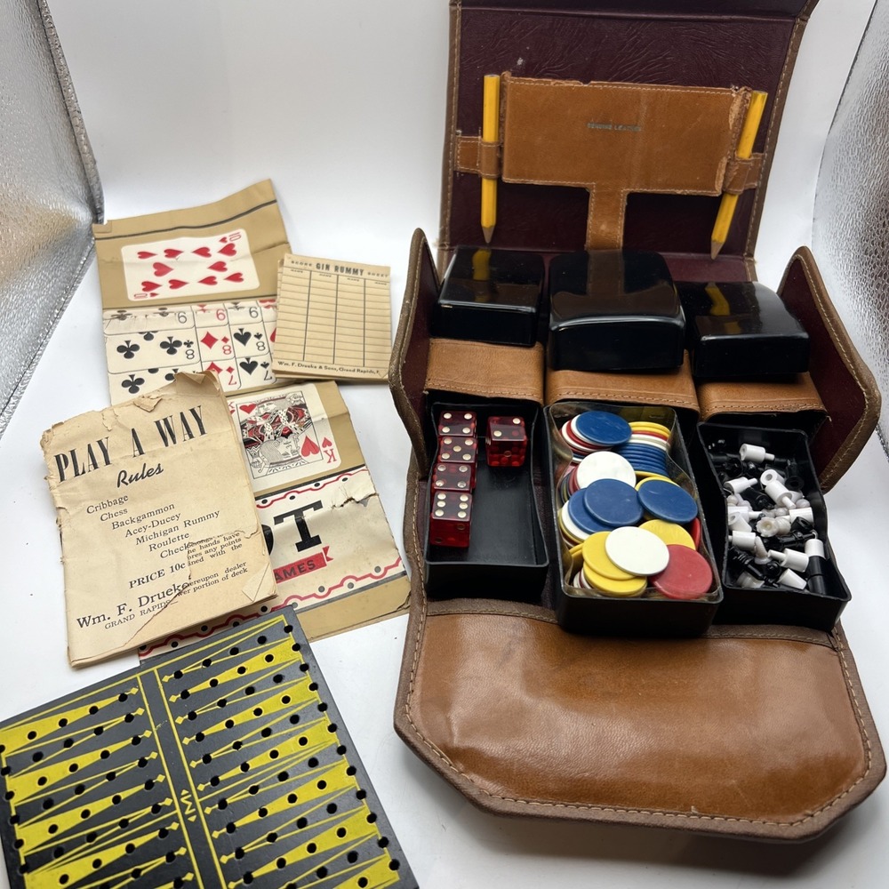 Vintage Drueke & Sons "Play A Way" Multi-Game Travel Set - Genuine Leather Case